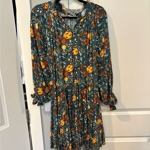 Yakira Bella Floral Long-Sleeve Green & Mustard Pleated Midi Dress